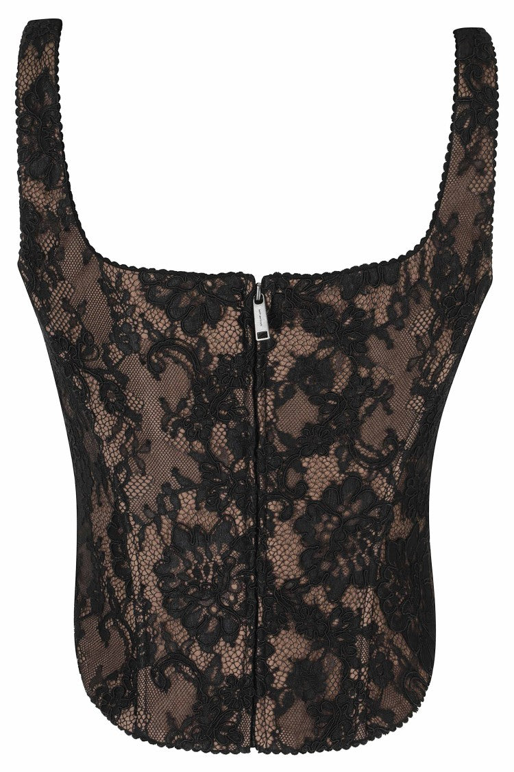 Self-Portrait Black Fitted Intricate Lace Overlay Corset Top