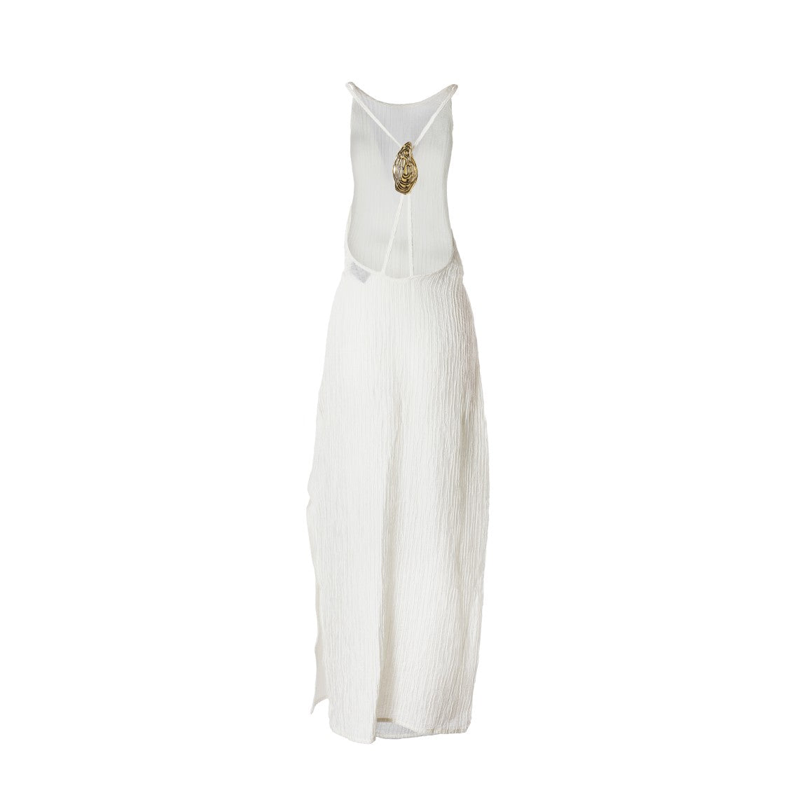 Hamoulet Sleeveless White Maxi Dress With Sculptural Pendant And Side Slit