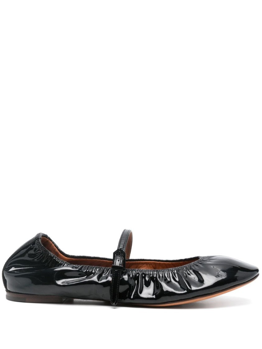 Lanvin Black Glossy Leather Buckle Strap Flats