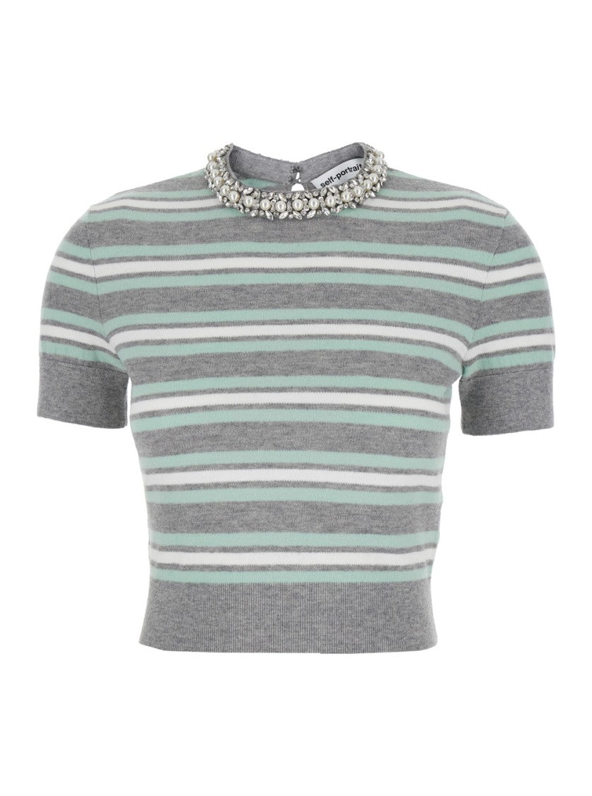 Self-Portrait Grey Striped Crystal Trim Knit Top