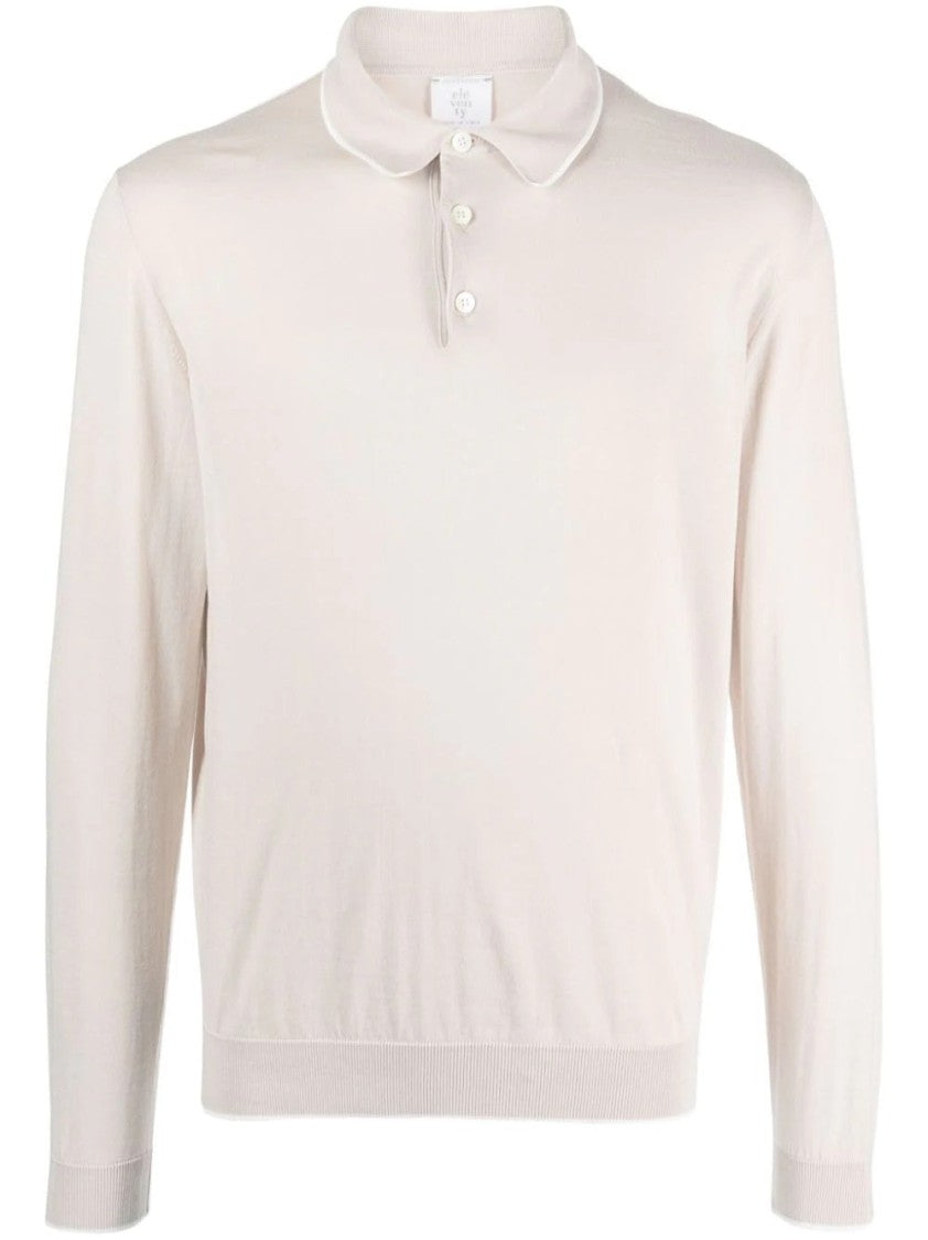 Eleventy Beige Long Sleeve Polo With Traditional Collar