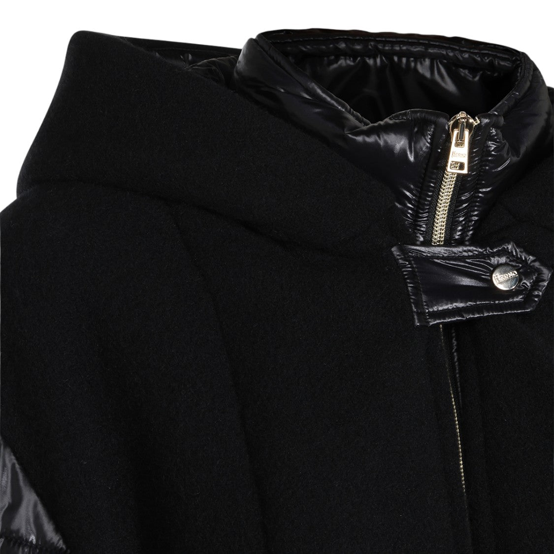 Herno Black Matte Glossy Quilted Sleeve Fringe Jacket