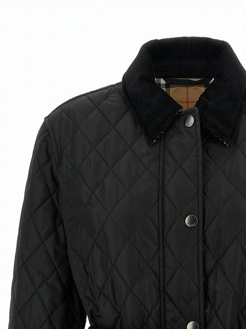 Burberry Quilted Black Jacket With Corduroy Collar And Belted Waist