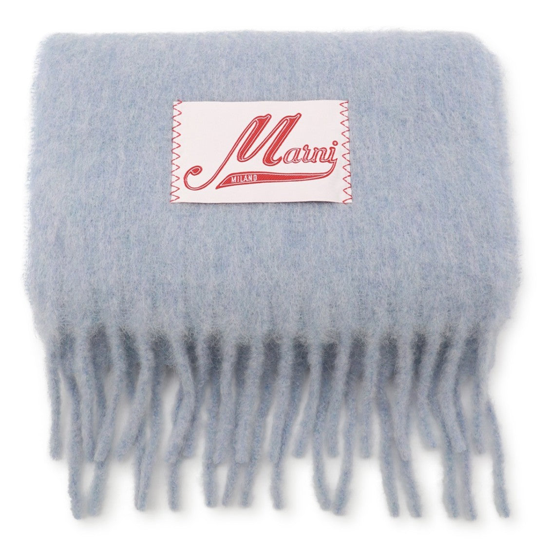 Marni Fringed Light Blue Wool Scarf With Patched Logo