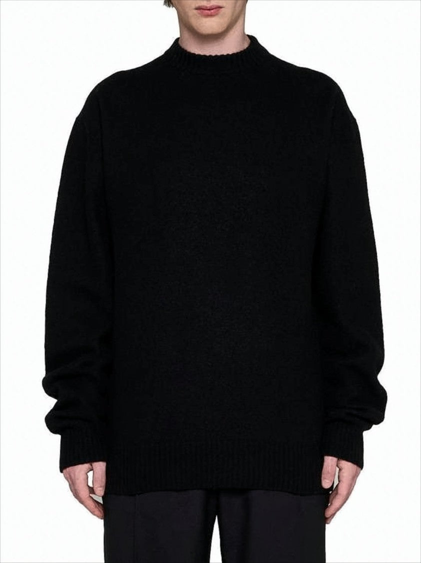 Jil Sander Relaxed Fit Black Wool Sweater With Ribbed Details