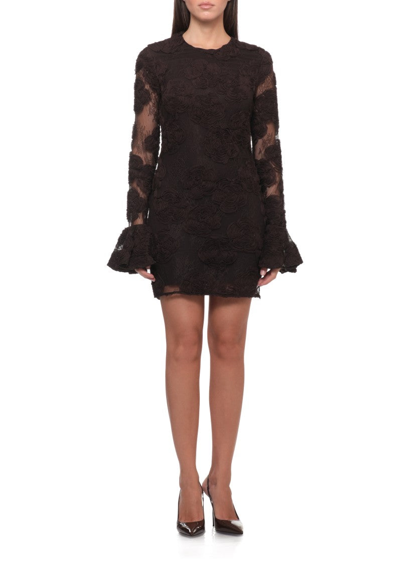 Rotate Short Brown Dress With Floral Appliqués And Transparent Sleeves