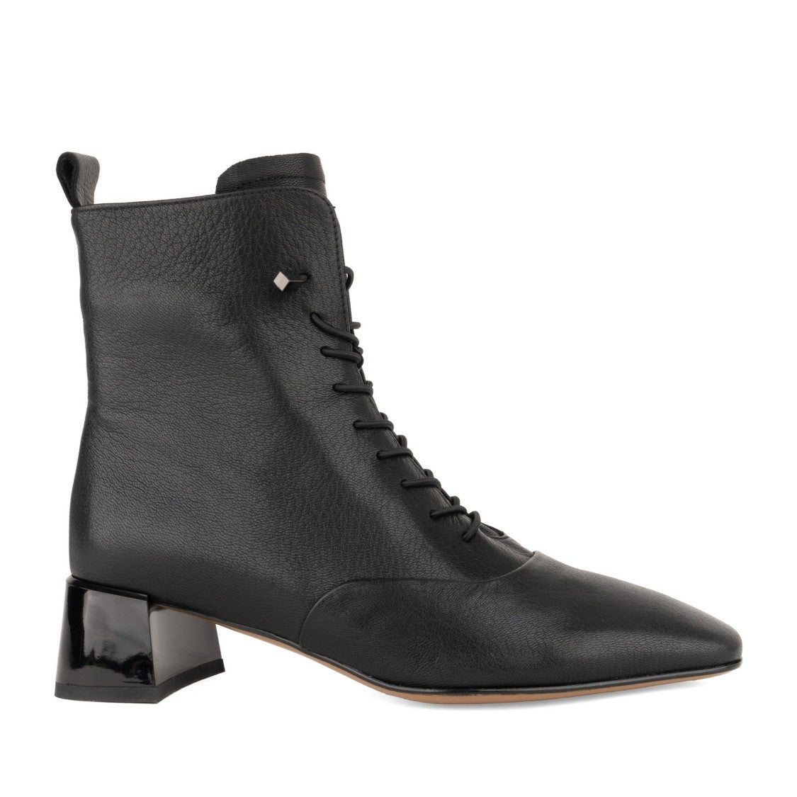 Linda Baumann Black Pointed Toe Low Glossy Heel Leather Ankle Boots