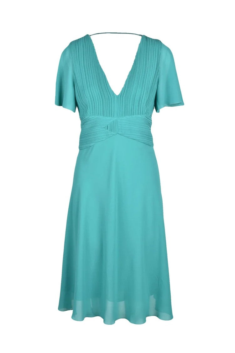 Patrizia Pepe Green Pleated Deep V-Neck Polyester Mini Dress