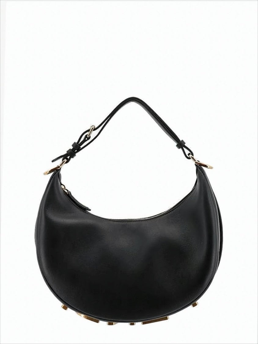 Fendi Crescent-Shaped Black Leather Shoulder Bag With Gold Accents
