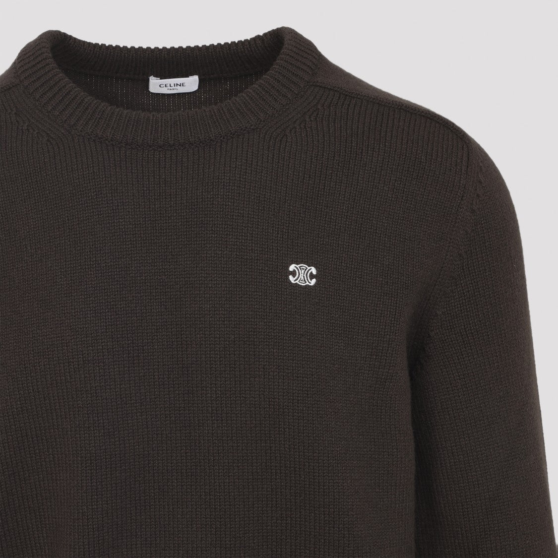 Celine Brown Virgin Wool Crewneck Sweater With Contrast Logo