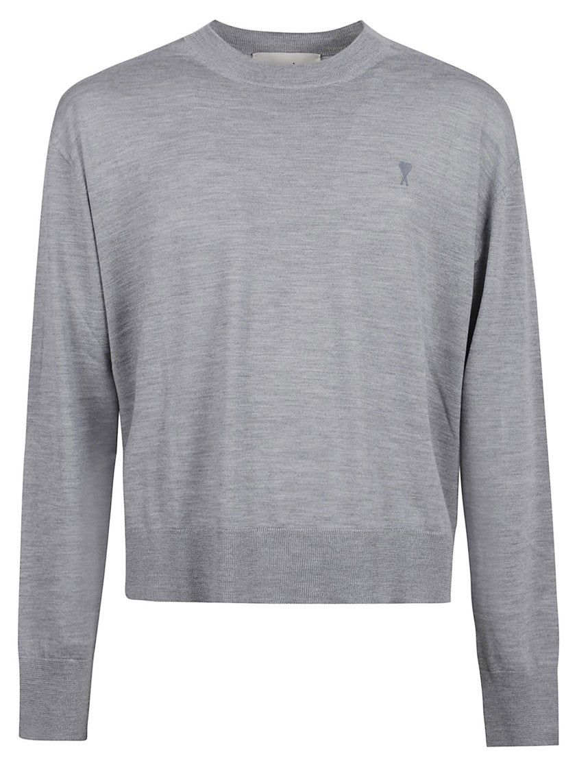 Ami Grey Knit Sweater With Embroidered Logo