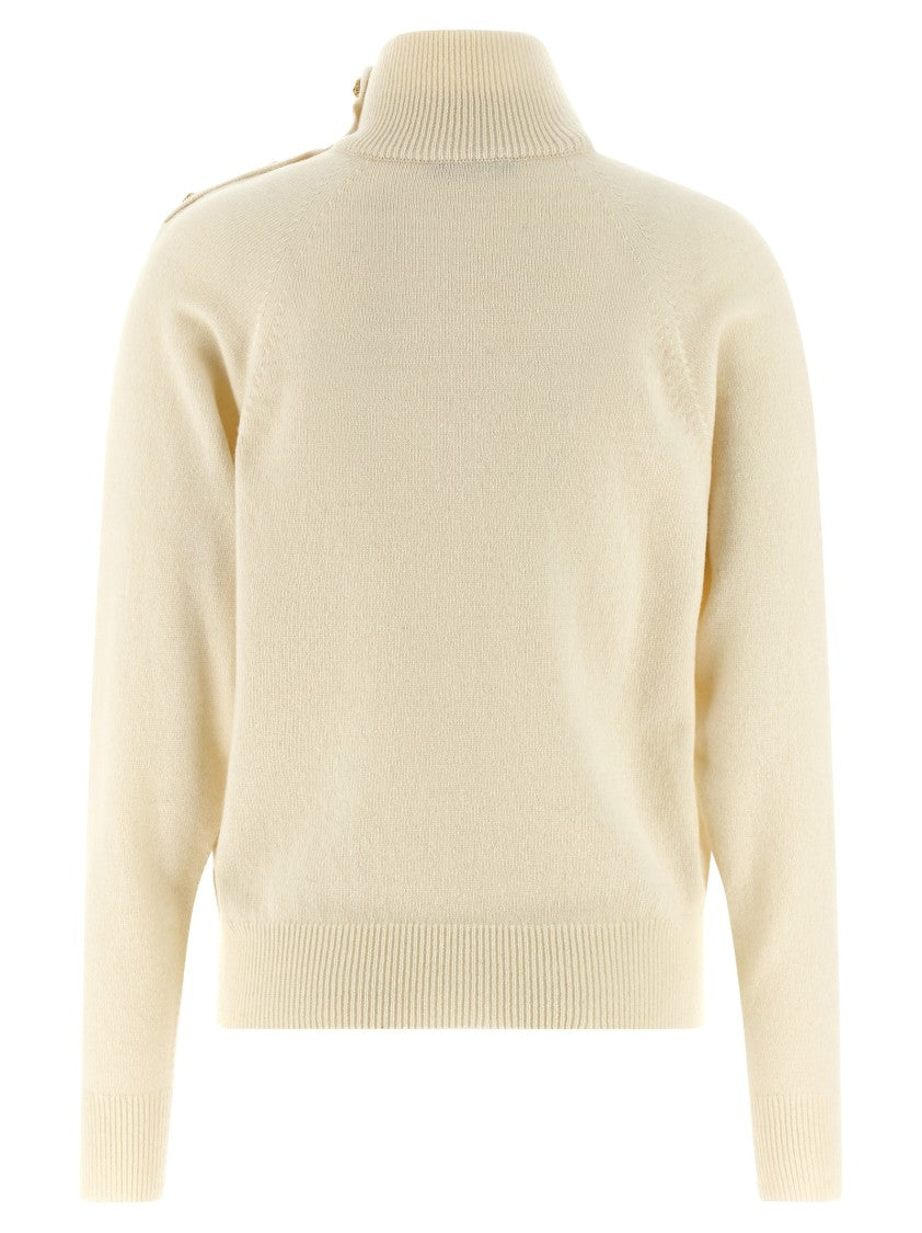 Balmain Cashmere Wool Sweater With High Neck And Lion Head Button Detail