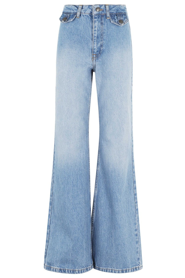 Rotate Light Indigo Flared Highwaisted Decorative-Pockets Cotton Jeans