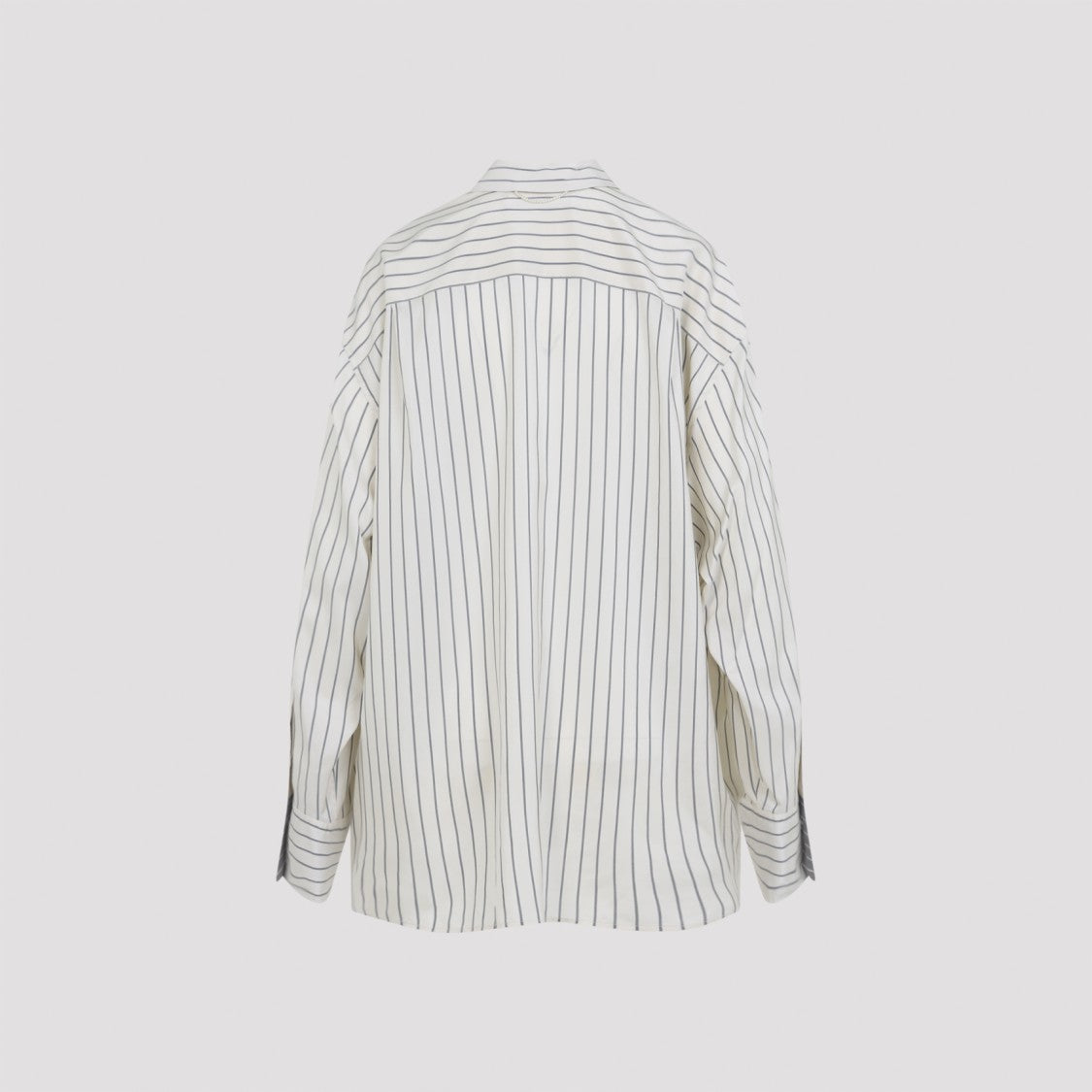 Carven Off-White Silk Shirt With Vertical Grey Stripes And Pointed Collar