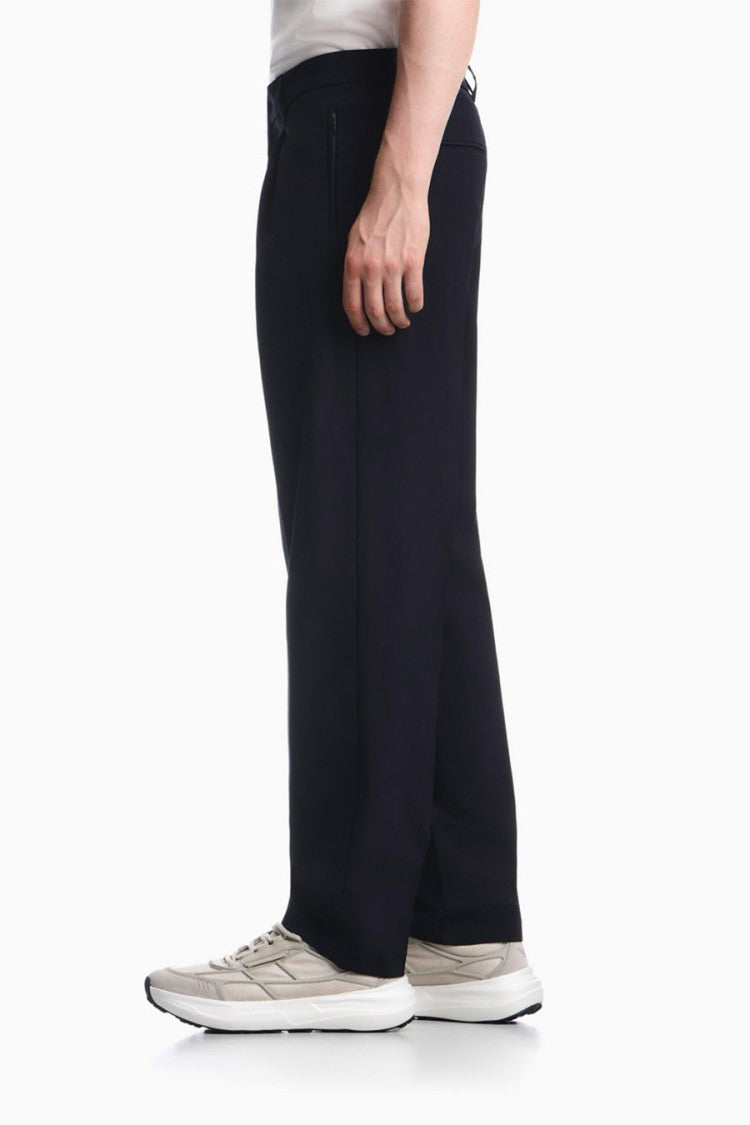Emporio Armani Navy Pleated Tapered Viscose-Blend Pants
