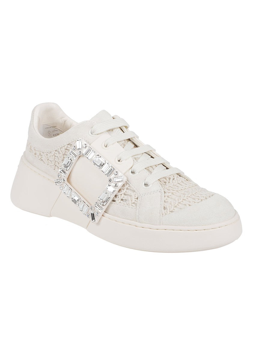 Roger Vivier Textured Knit And Leather Sneakers With Crystal-Embellished Buckle