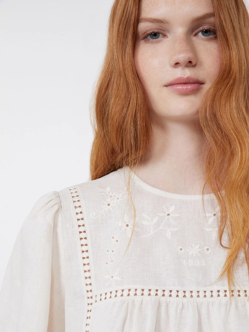 Max Mara White Eyelet Embroidered Puff Sleeve Top