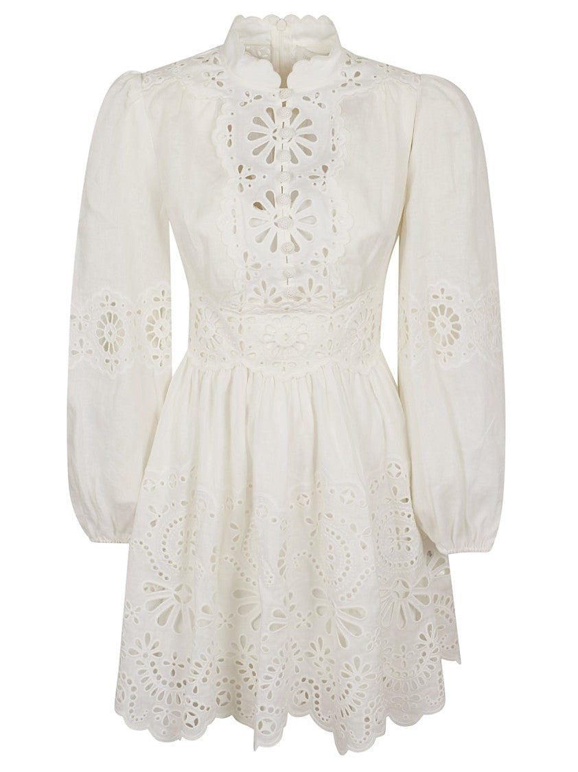 Zimmermann Fitted Linen Mini Dress With Puff Sleeves