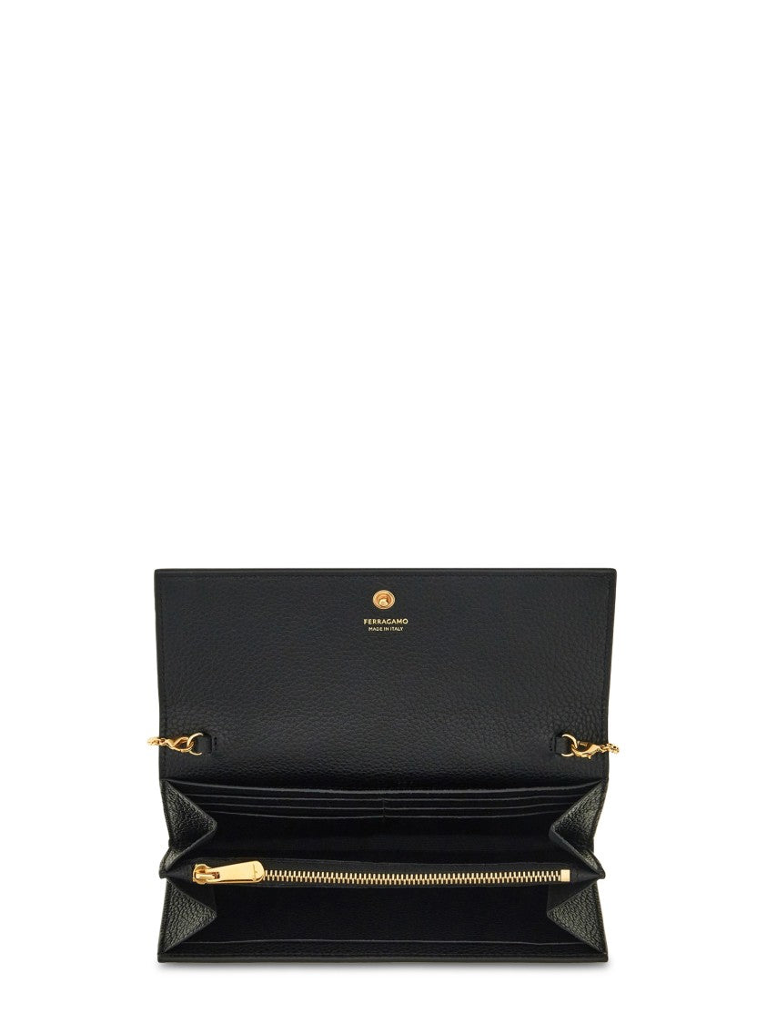Ferragamo Textured Calf Leather Wallet On Chain With Gold Clasp