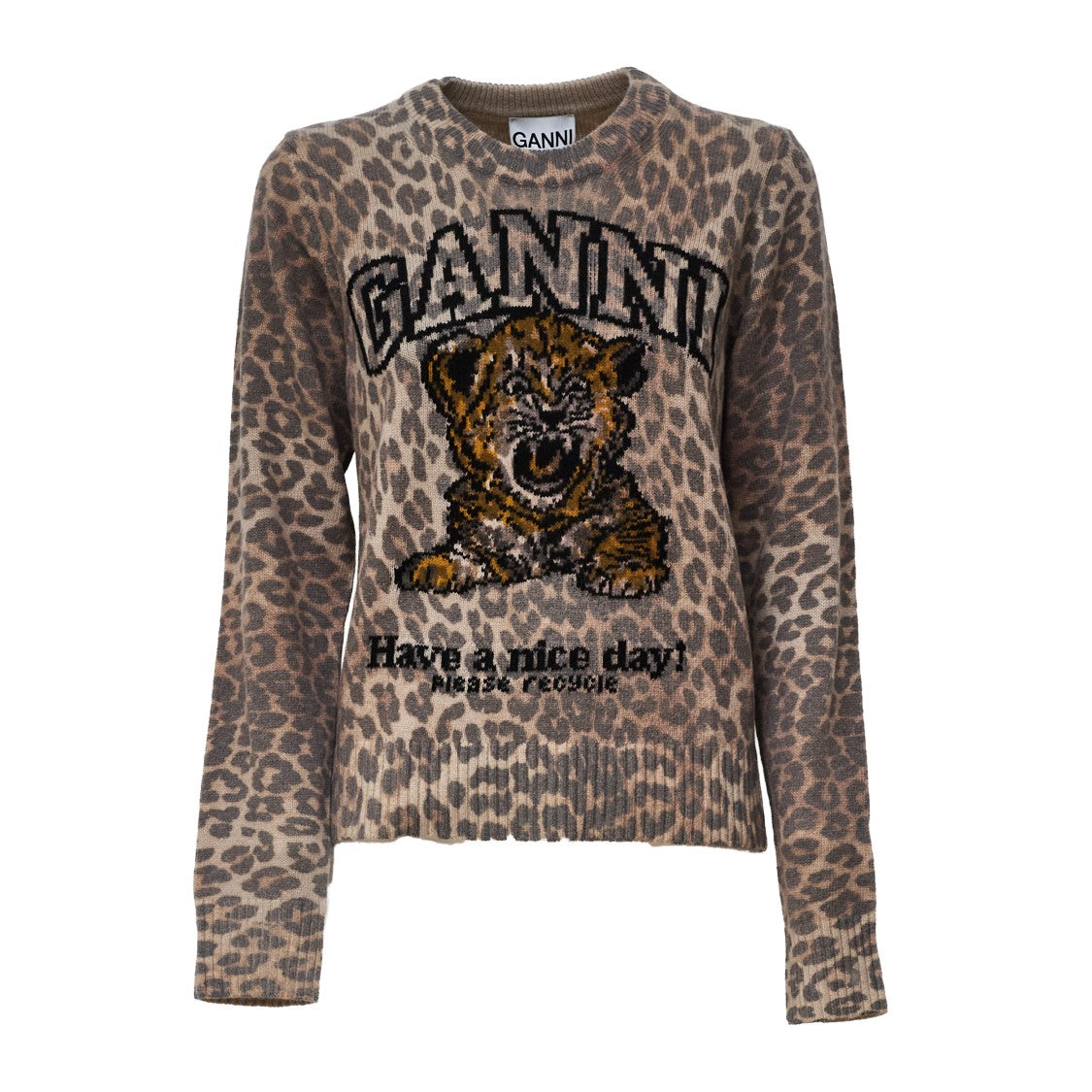 Ganni Brown Graphic Wool Sweater With Tiger Print