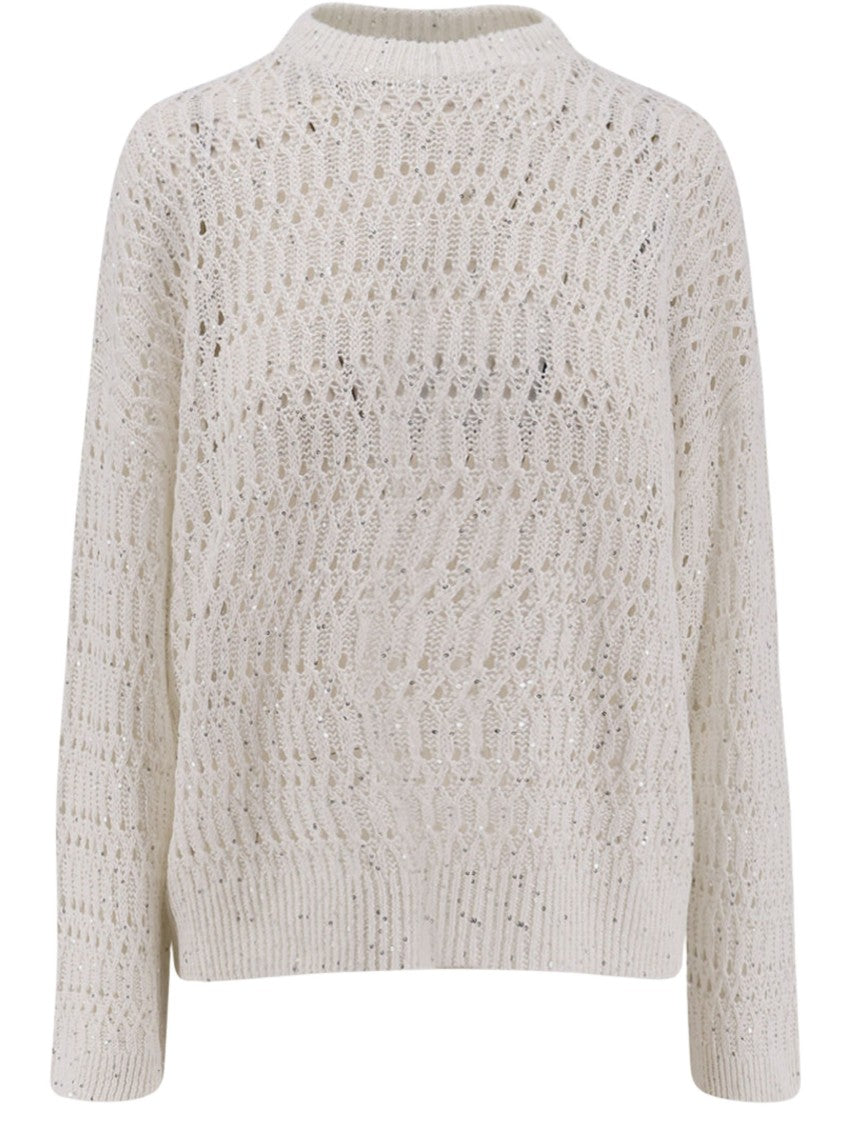Brunello Cucinelli Beige Linen Crochet Sequin Sweater