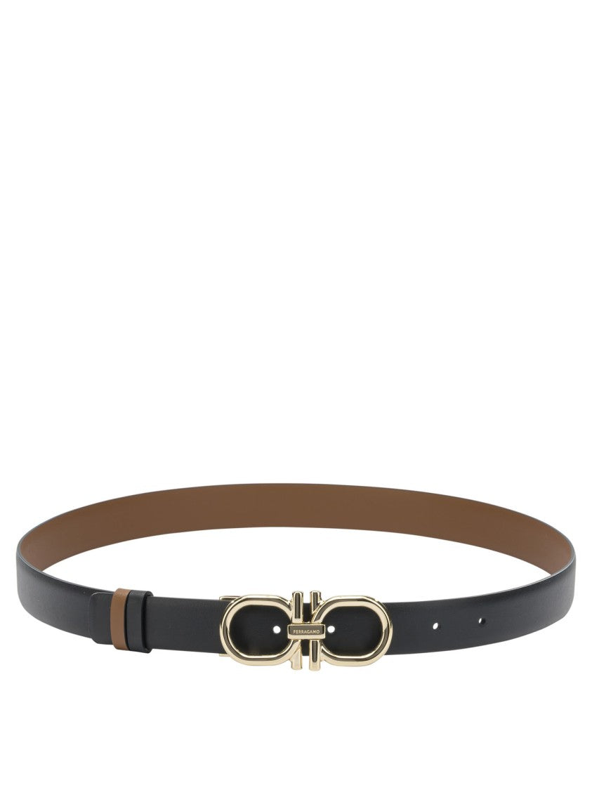 Ferragamo Reversible Leather Belt With Distinctive Gold-Tone Double Gancini Buckle