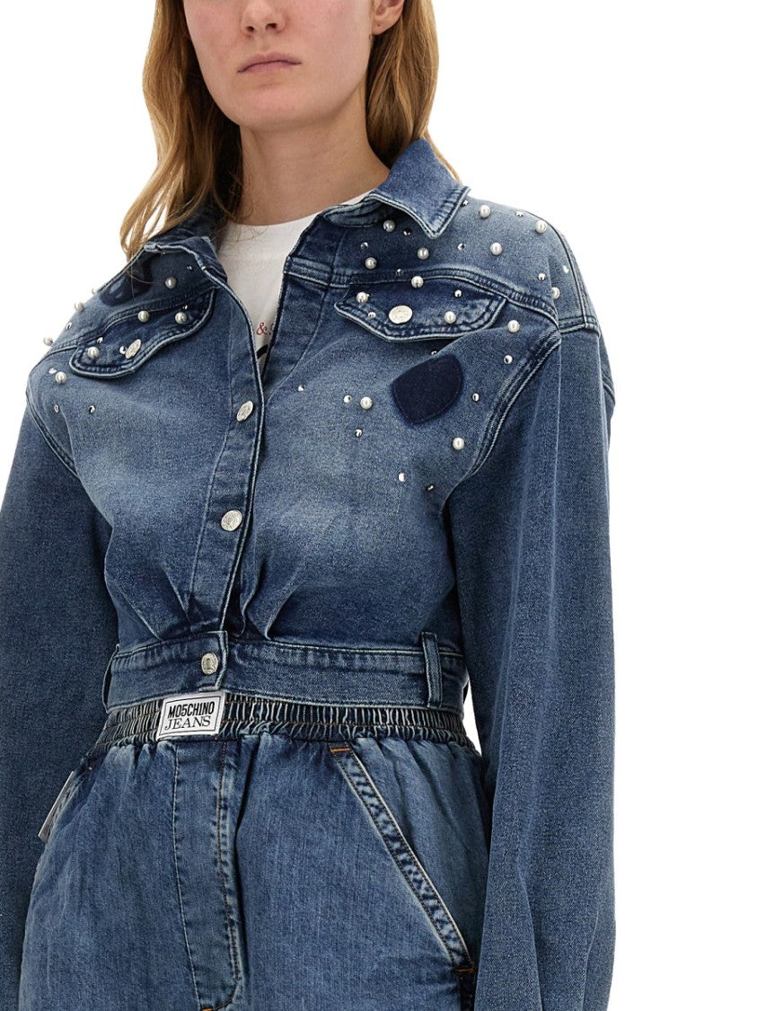 Moschino Pearl-Accented Denim Shirt With Belted Waist