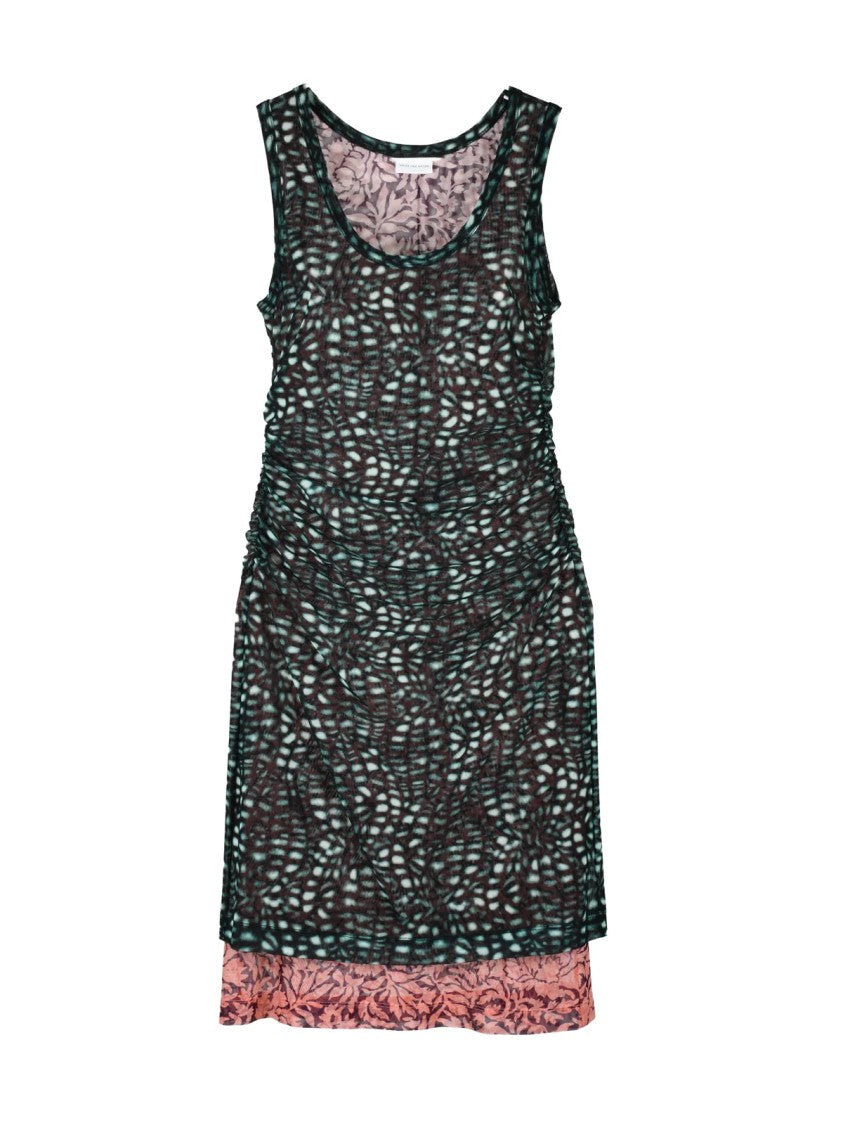 Dries Van Noten Green Sheer Overlay Floral Fitted Mini Dress