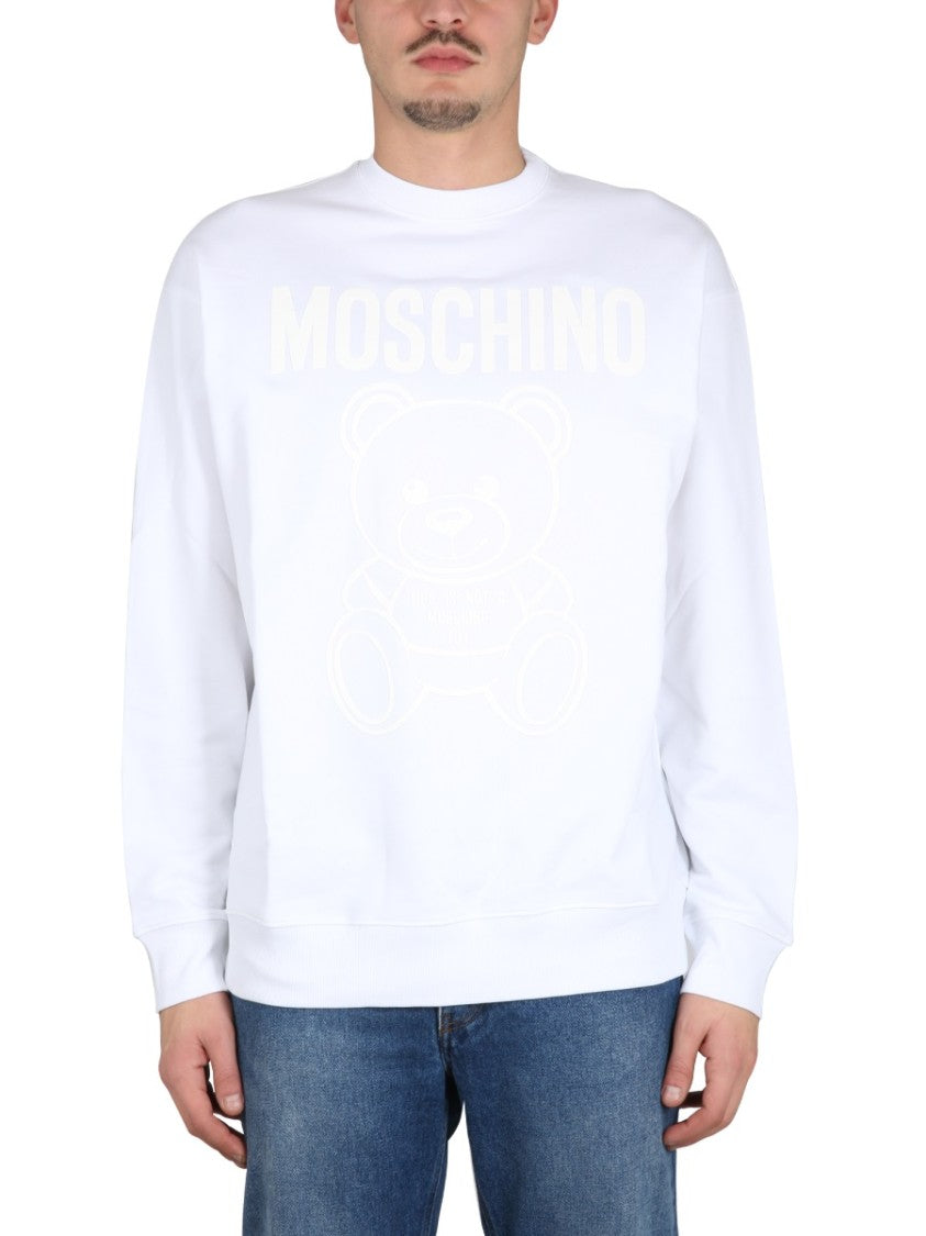 Moschino Cross-Neck White Sweatshirt With Playful Teddy Bear Graphic