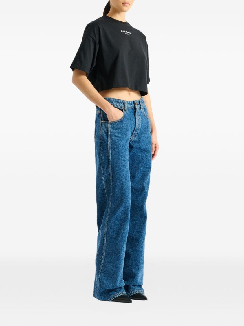 Balmain White Embroidered Cropped Contrasting Logo T-Shirt