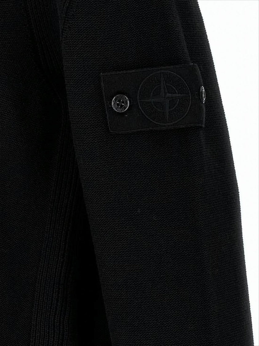 Stone Island Black Crew Neck Sweater With Textured Knit And Patch Detail