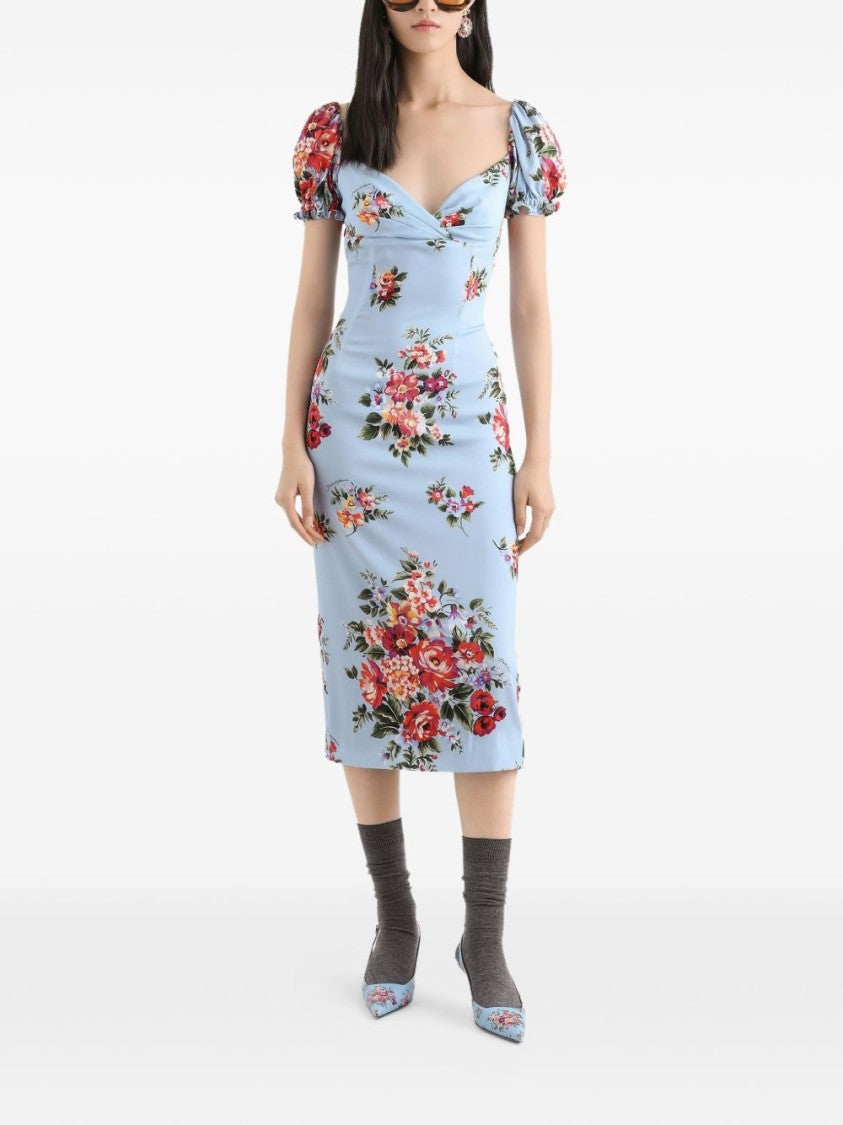 Dolce & Gabbana Blue Flower Bouquet Printed Dress