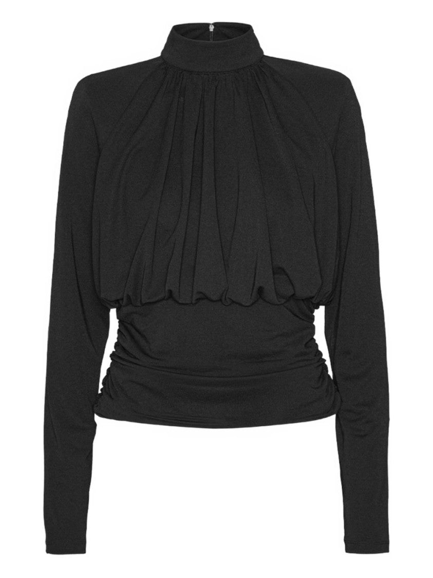 Rotate Draped Black Top With High Neckline