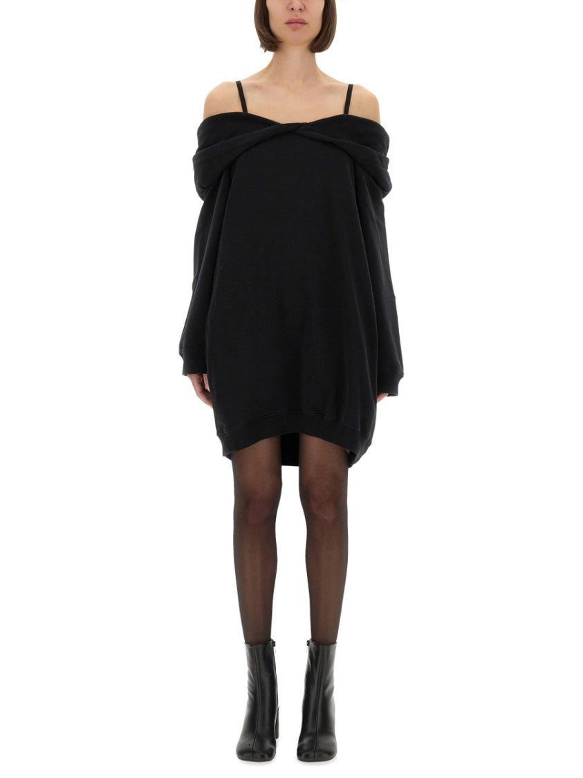 Mm6 By Maison Margiela Off-Shoulder Black Sweatshirt Dress With Cozy Hood
