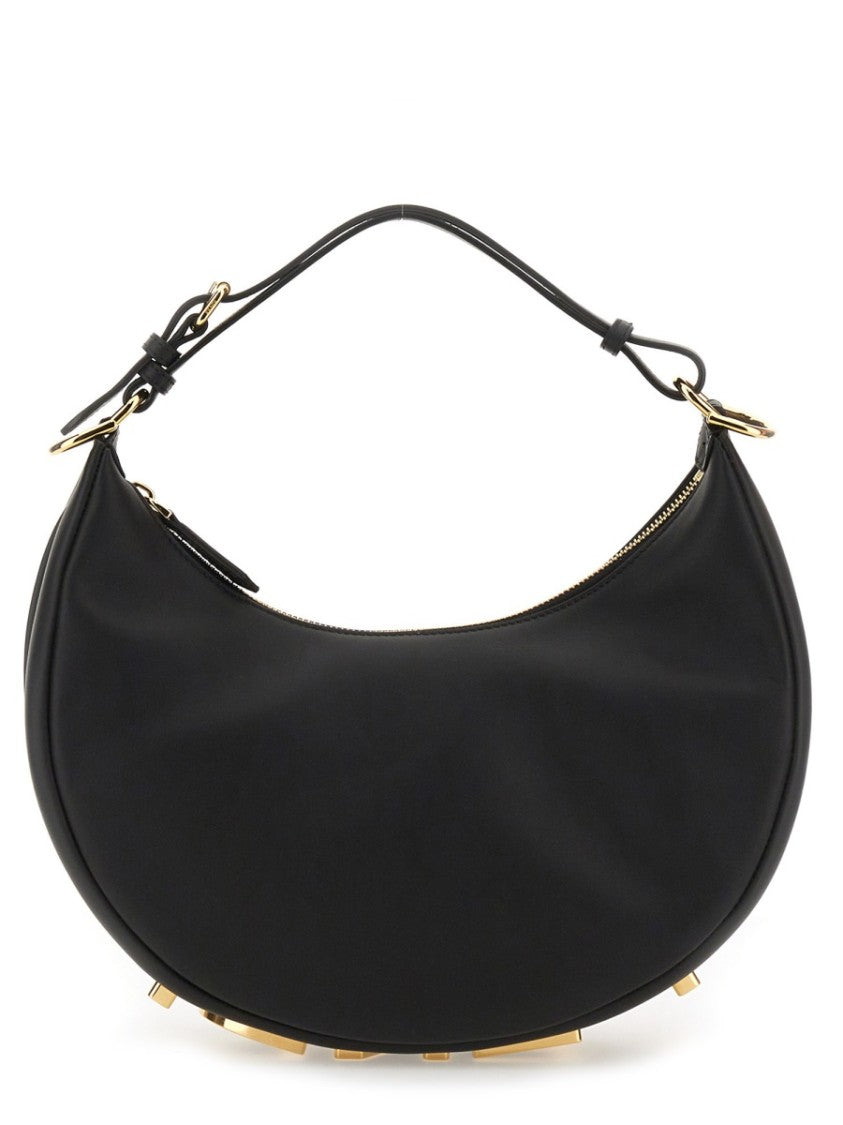 Fendi Crescent-Shaped Leather Shoulder Bag With Zipper Closure And Gold Accents