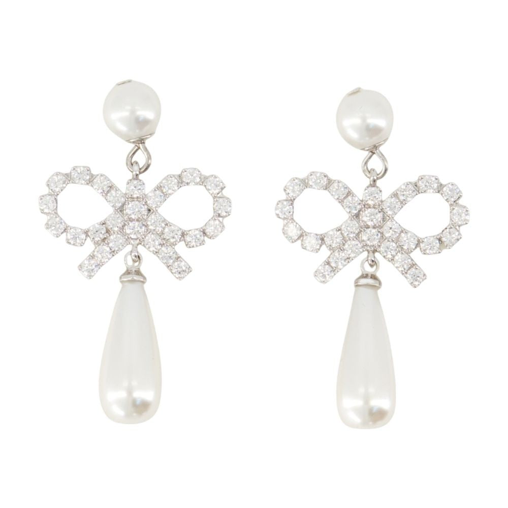Self-Portrait Pearl Bow Droplet Earrings - Silver - White