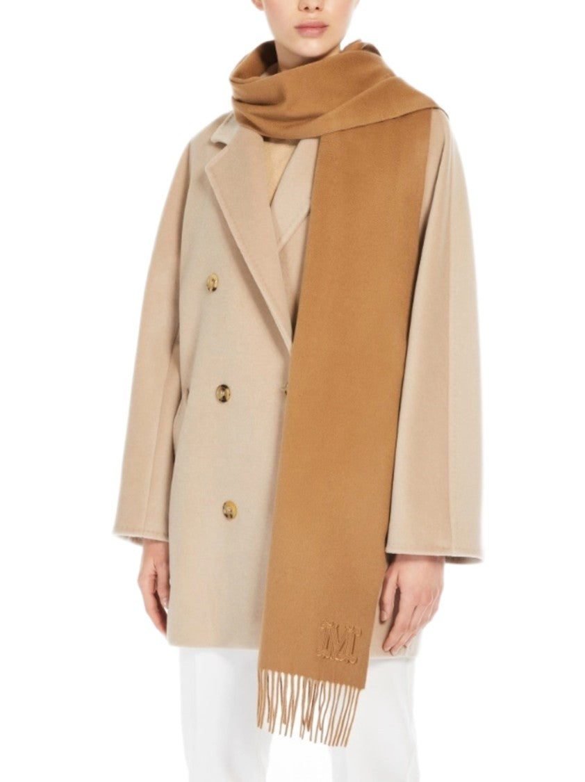Max Mara Camel-Colored Long Scarf With Fringed Ends And Emblem Detail