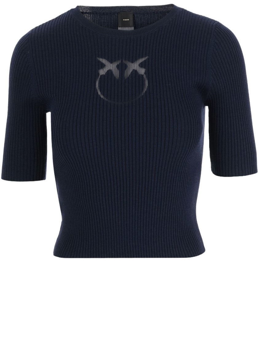 Pinko Blue Ribbed Short-Sleeved Wool-Blend Sweater