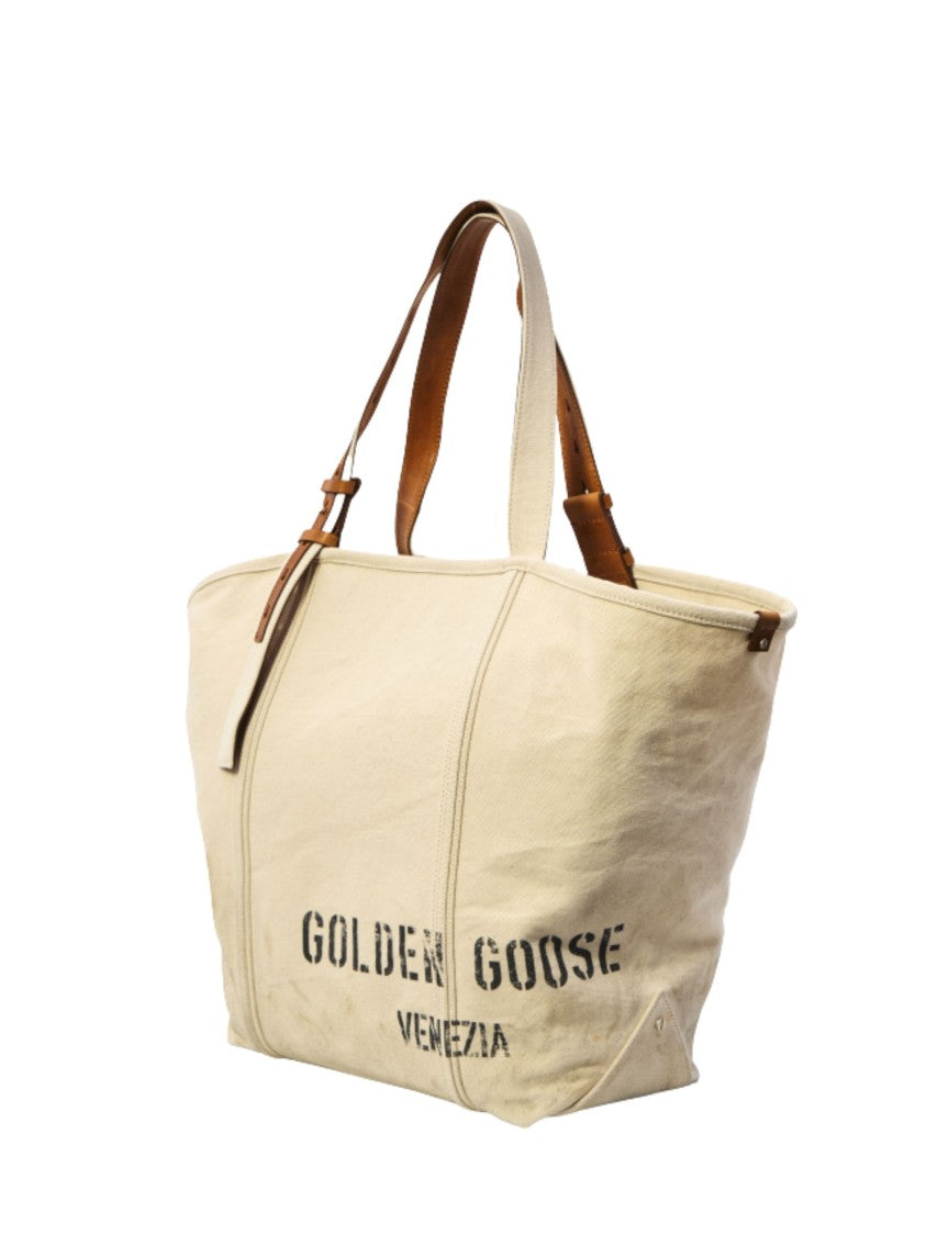 Golden Goose Ecru Leather Inserts Cotton Tote Bag