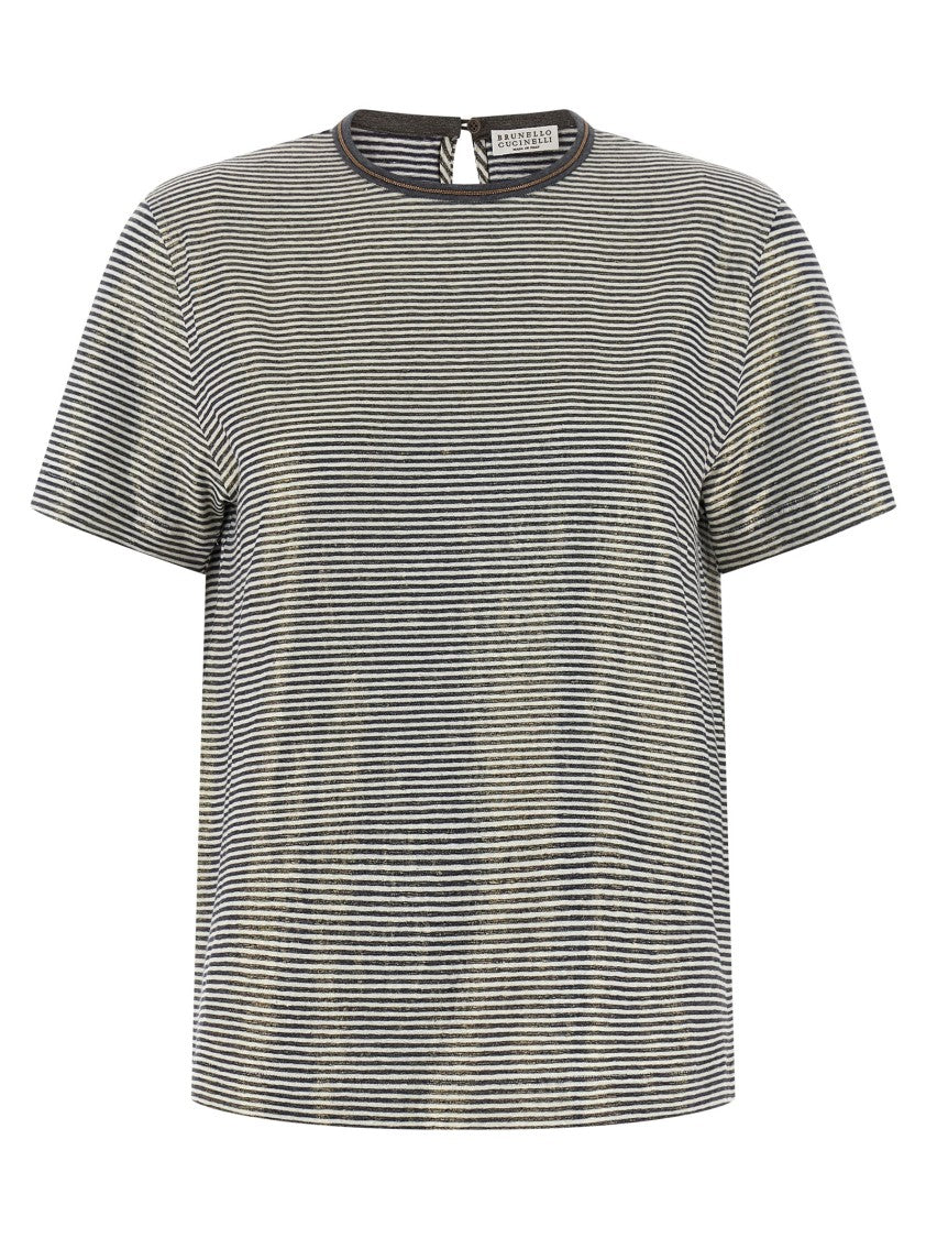 Brunello Cucinelli 'Shiny Collar Detail' Striped Linen T-Shirt