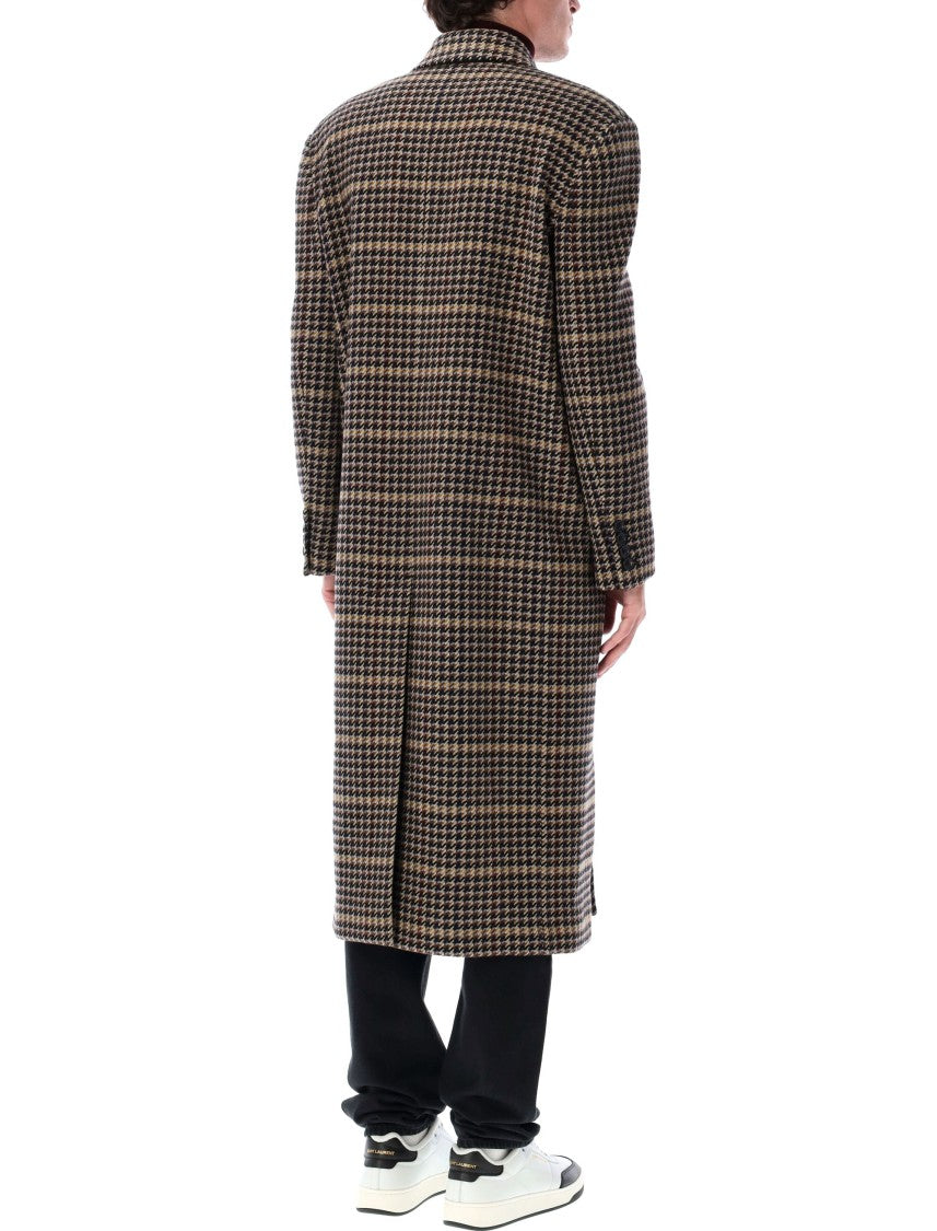 Saint Laurent Checked Wool Long Coat