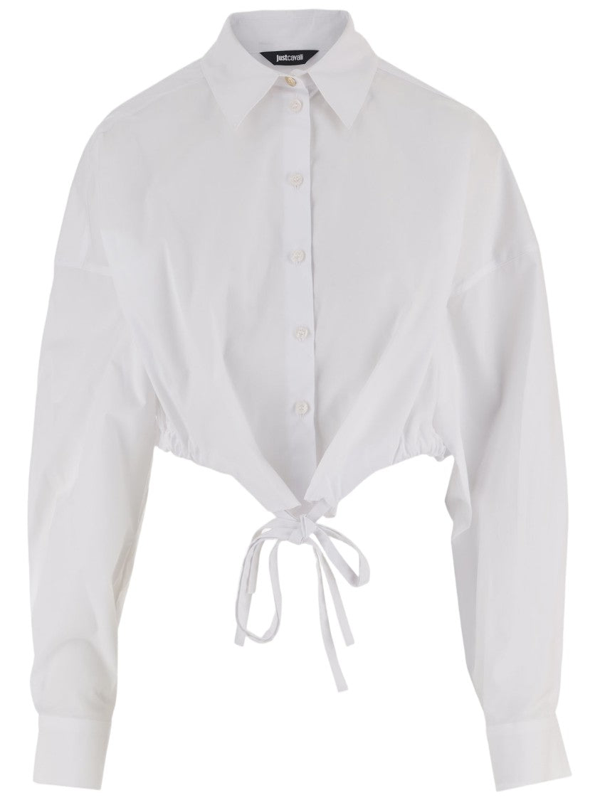 Just Cavalli Cropped White Cotton Shirt With Classic Collar And Adjustable Cuffs