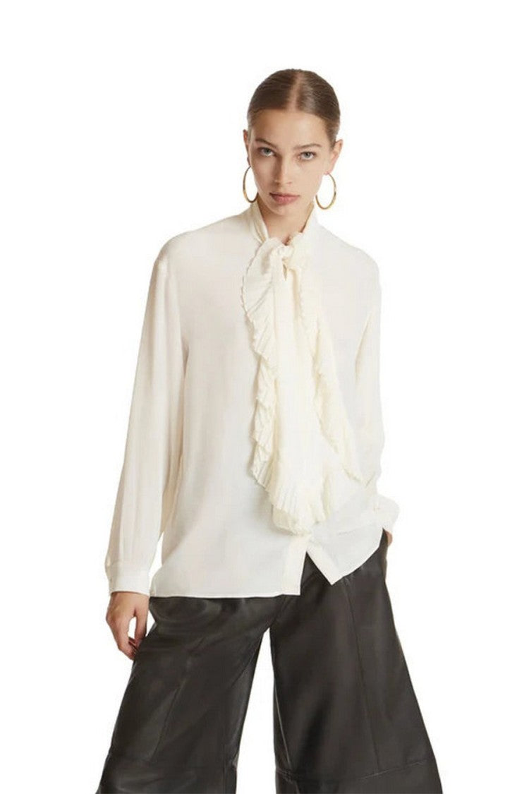 Simona Corsellini Ivory Viscose-Silk Blend Ruffled Tie-Neck Blouse