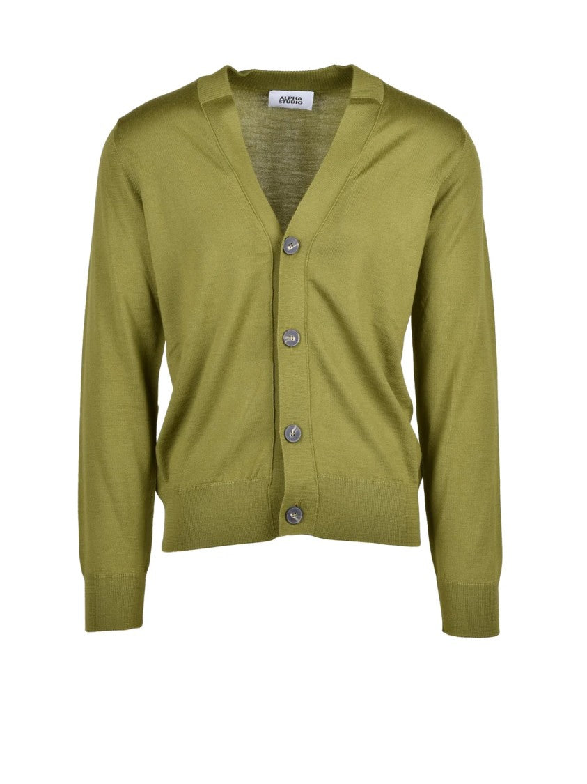 Alpha Studio Pistachio Green V-Neck Extrafine Merino Wool Cardigan
