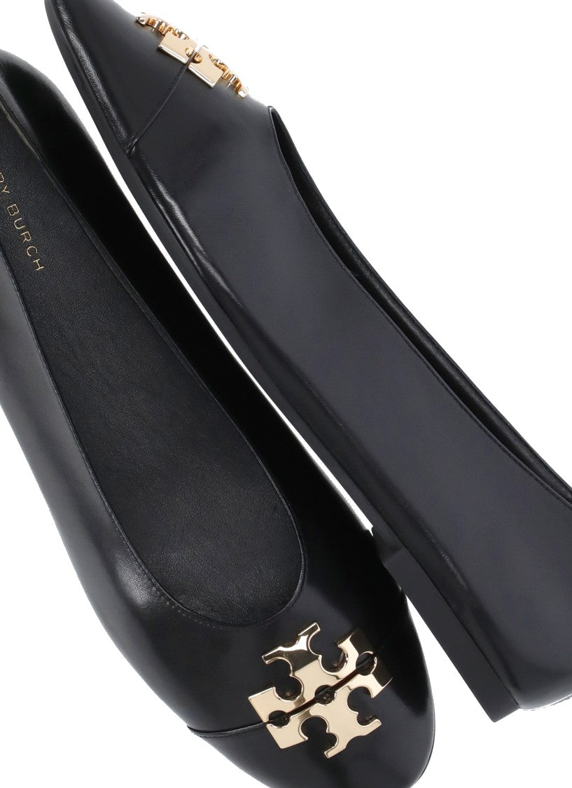 Tory Burch Black Pointed Toe Gold Emblem Leather Flats