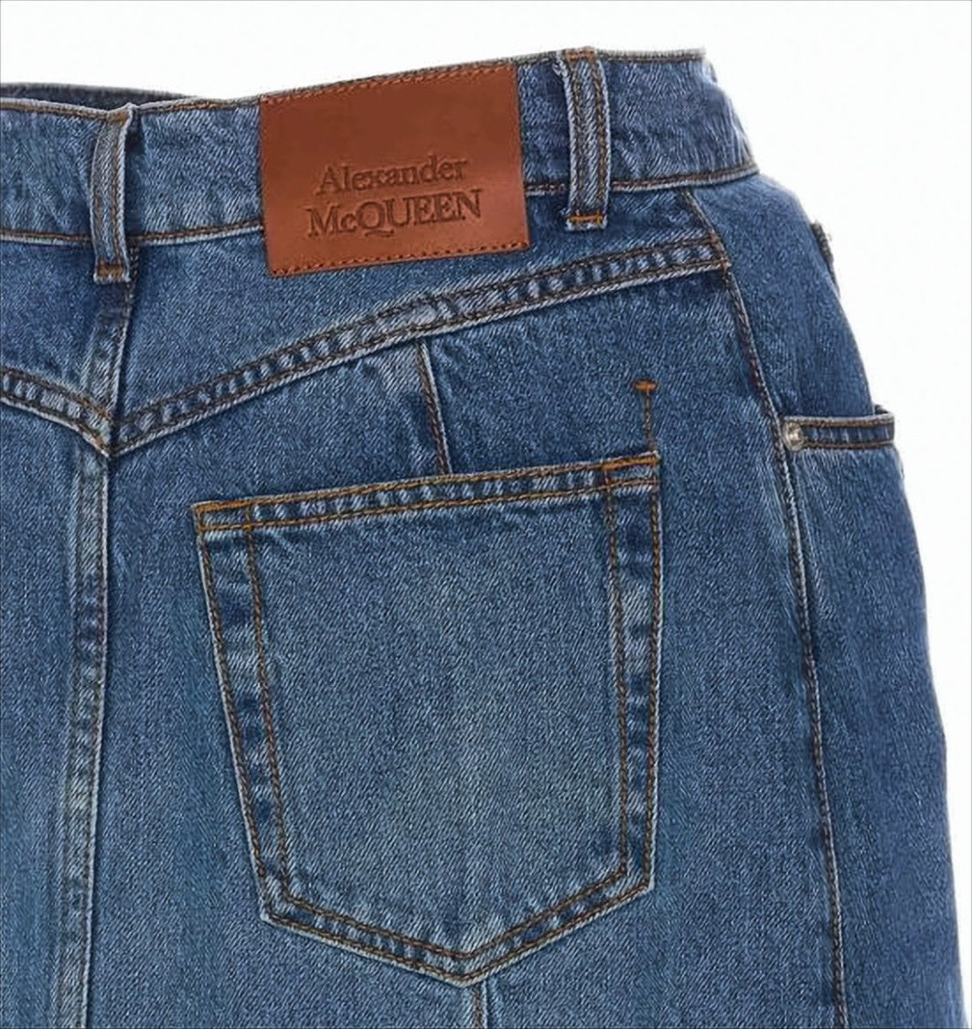 Alexander Mcqueen Long Denim Skirt With Asymmetrical Front Slit
