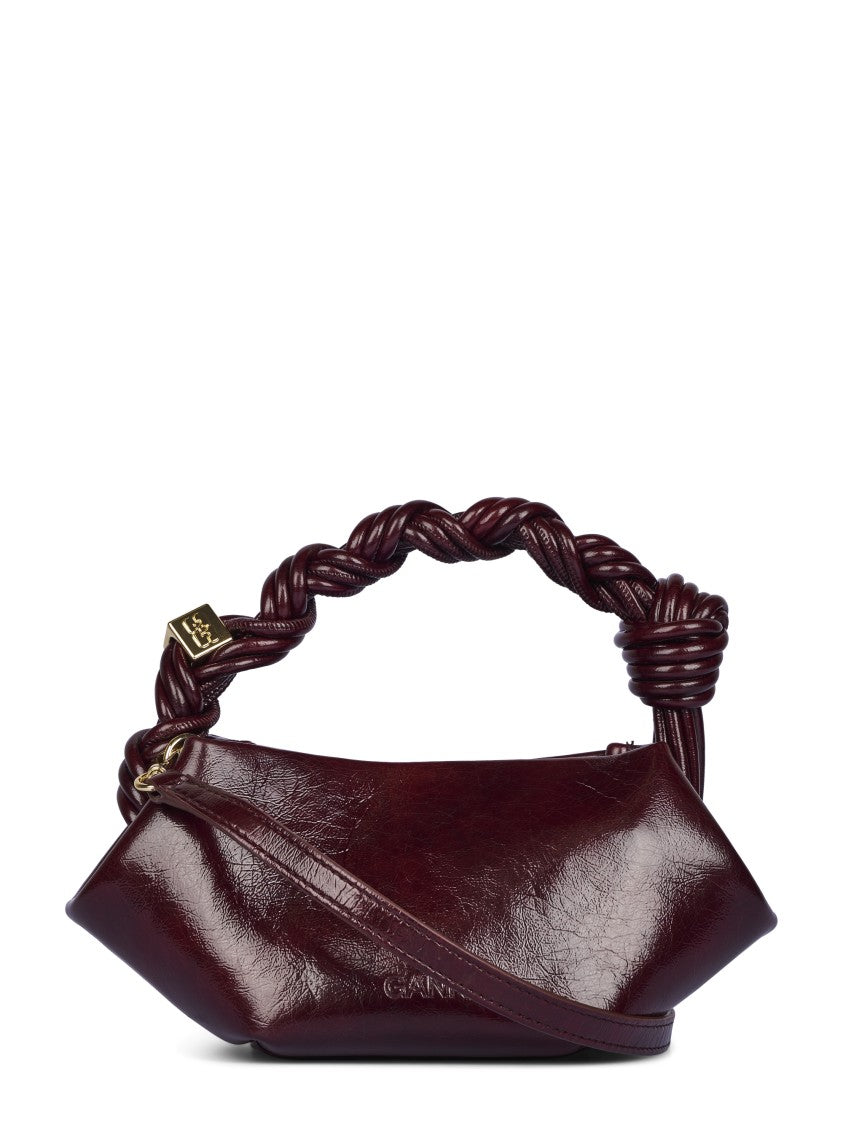 Ganni Burgundy Glossy Elongated Twisted Handle Shoulder Bag