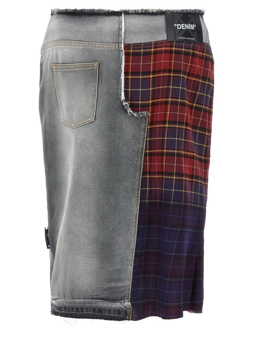 Off-White Patchwork Midi Skirt With Stonewashed Cotton Front And Checked Back Panel