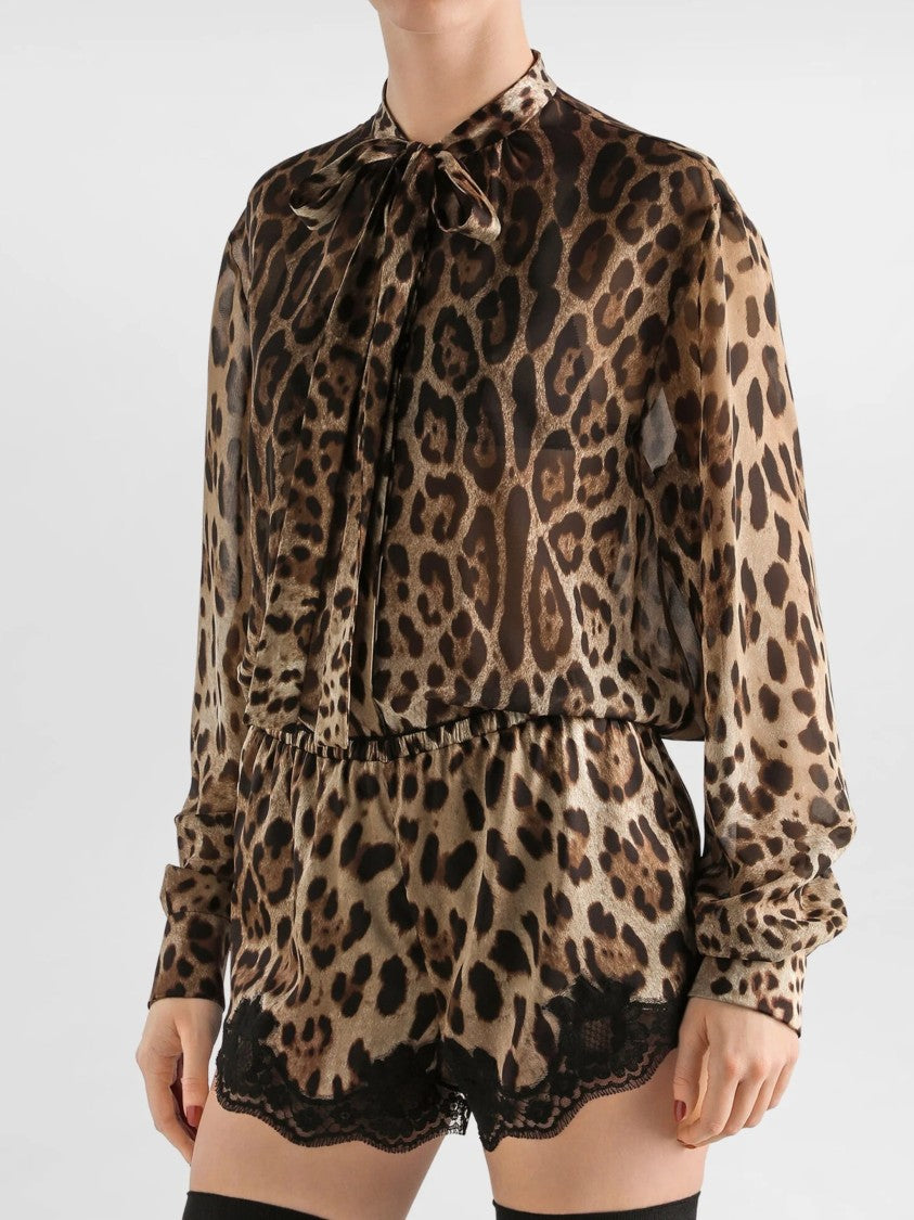 Dolce & Gabbana Leopard Print Silk Bow Blouse