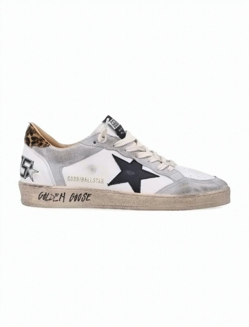 Golden Goose Distressed White Leather Sneakers With Grey Suede Overlays And Leopard Print Detail
